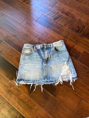 R13 Light Blue Distressed Denim Mini Skirt